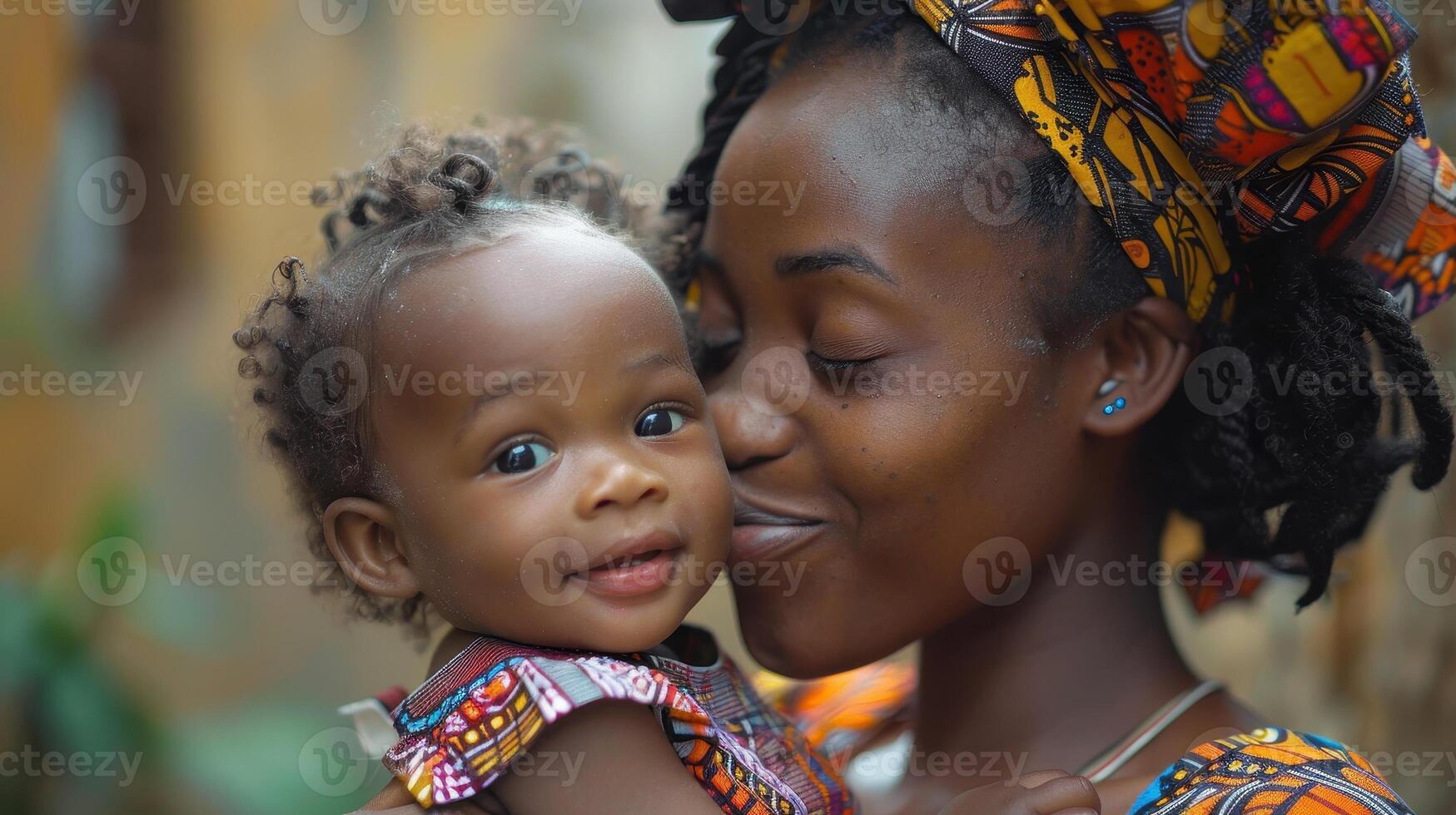 Joyful Mother Embracing Her Adorable Baby in a Colorful African Setting Under Bright Sunlight photo