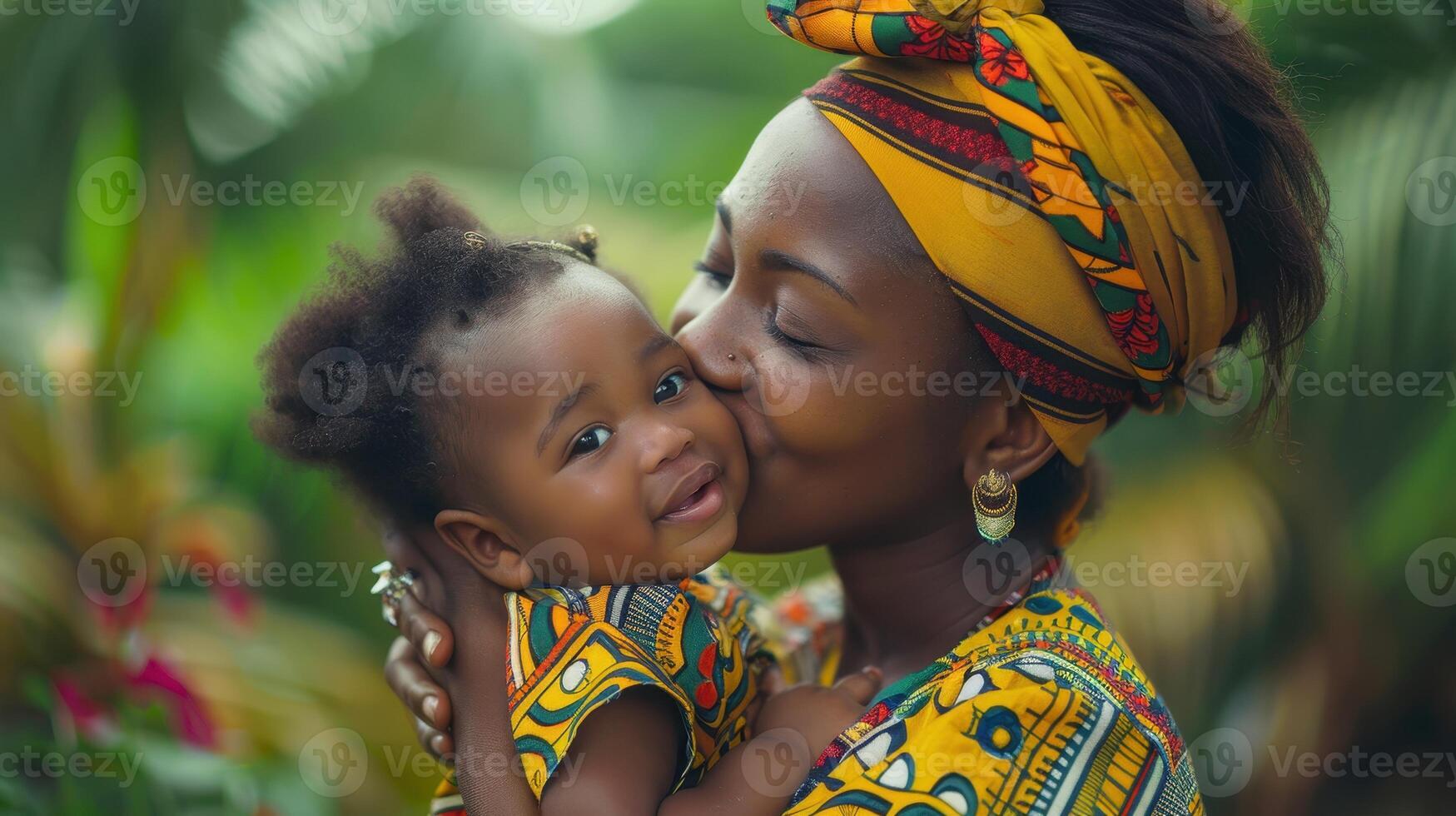 A Joyful Moment Between a Mother and Her Child in Vibrant African Attire Surrounded by Lush Greenery on a Sunny Day photo