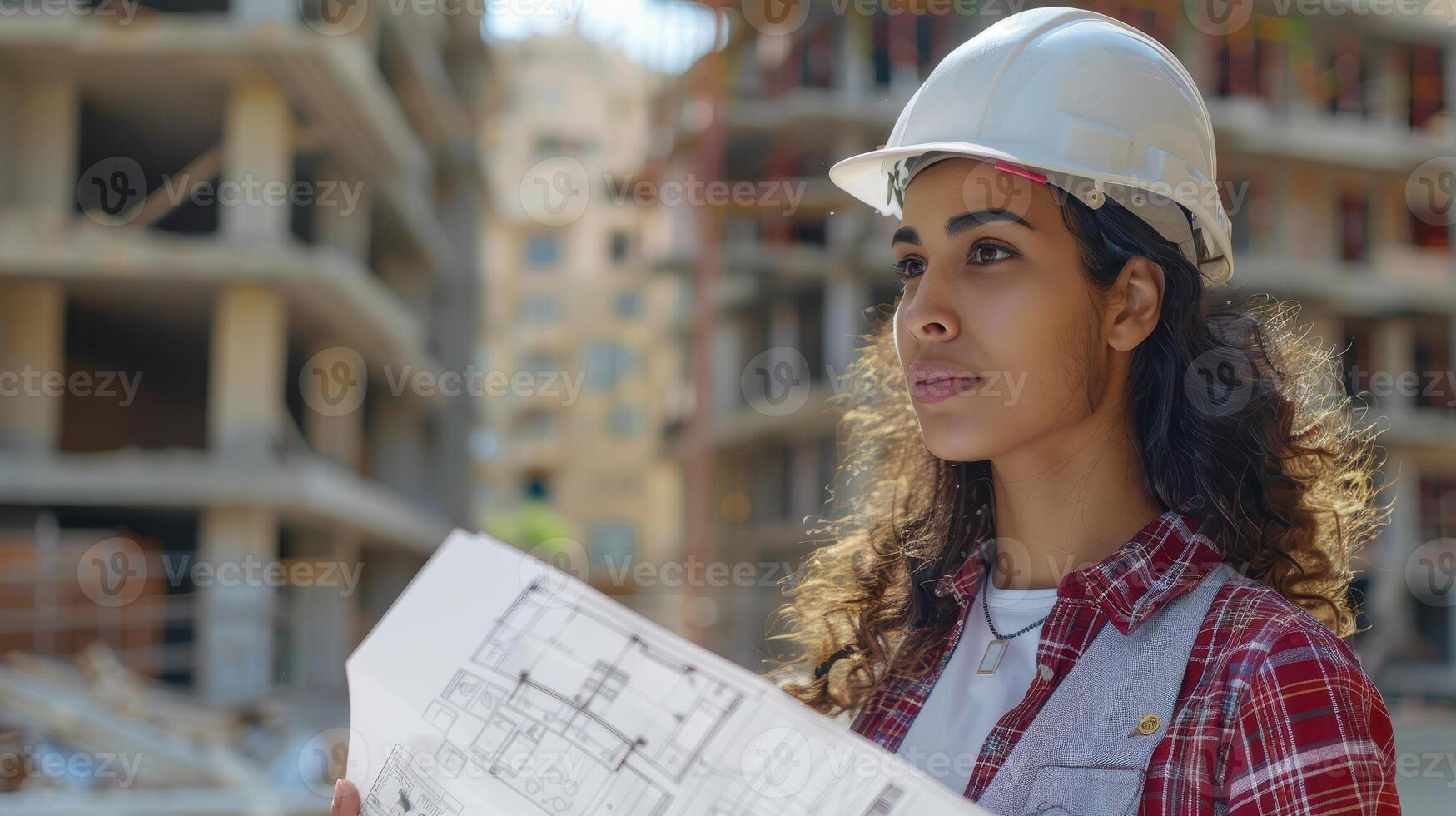 Determined Female Architect Evaluates Construction Plans At Urban Building Site During Bright Daylight photo