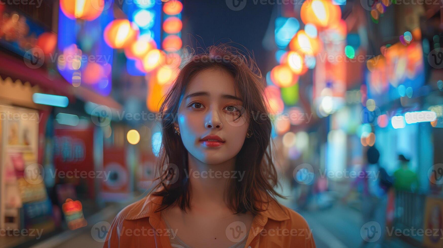 A Young Woman Stands Enveloped by Vibrant Lanterns on a Lively Night Street in an Urban Setting photo