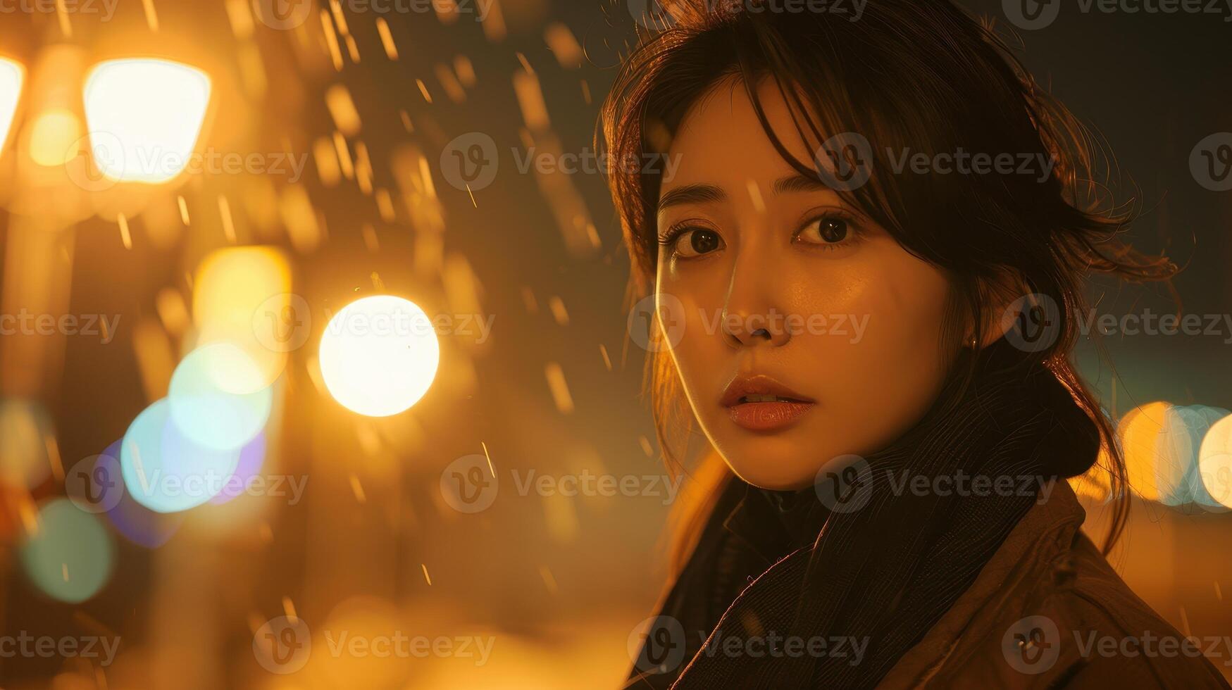 Captivating Woman Stands Under Lantern Lights While Snow Falls Gently on a Winter Evening photo