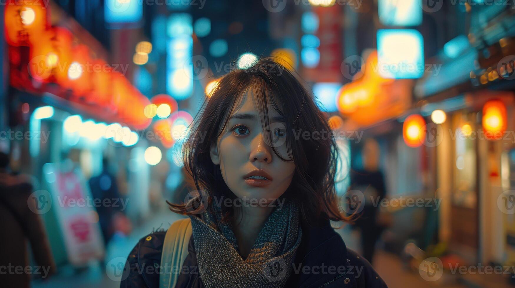 A Young Woman Stands Alone in a Vibrant City Alley Illuminated by Neon Lights at Night photo
