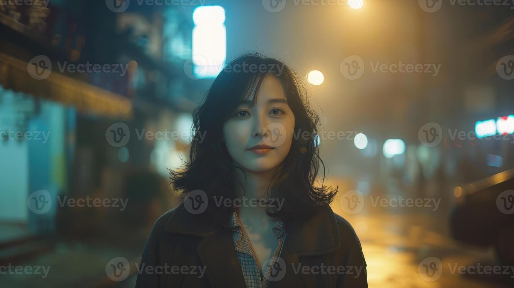 A Young Woman Stands Confidently Under Neon Lights on a Misty Night in the City photo