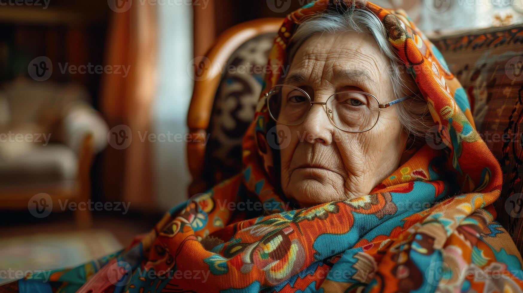 Elderly Woman in Colorful Headscarf Reflects on Life Moments in Cozy Living Room photo