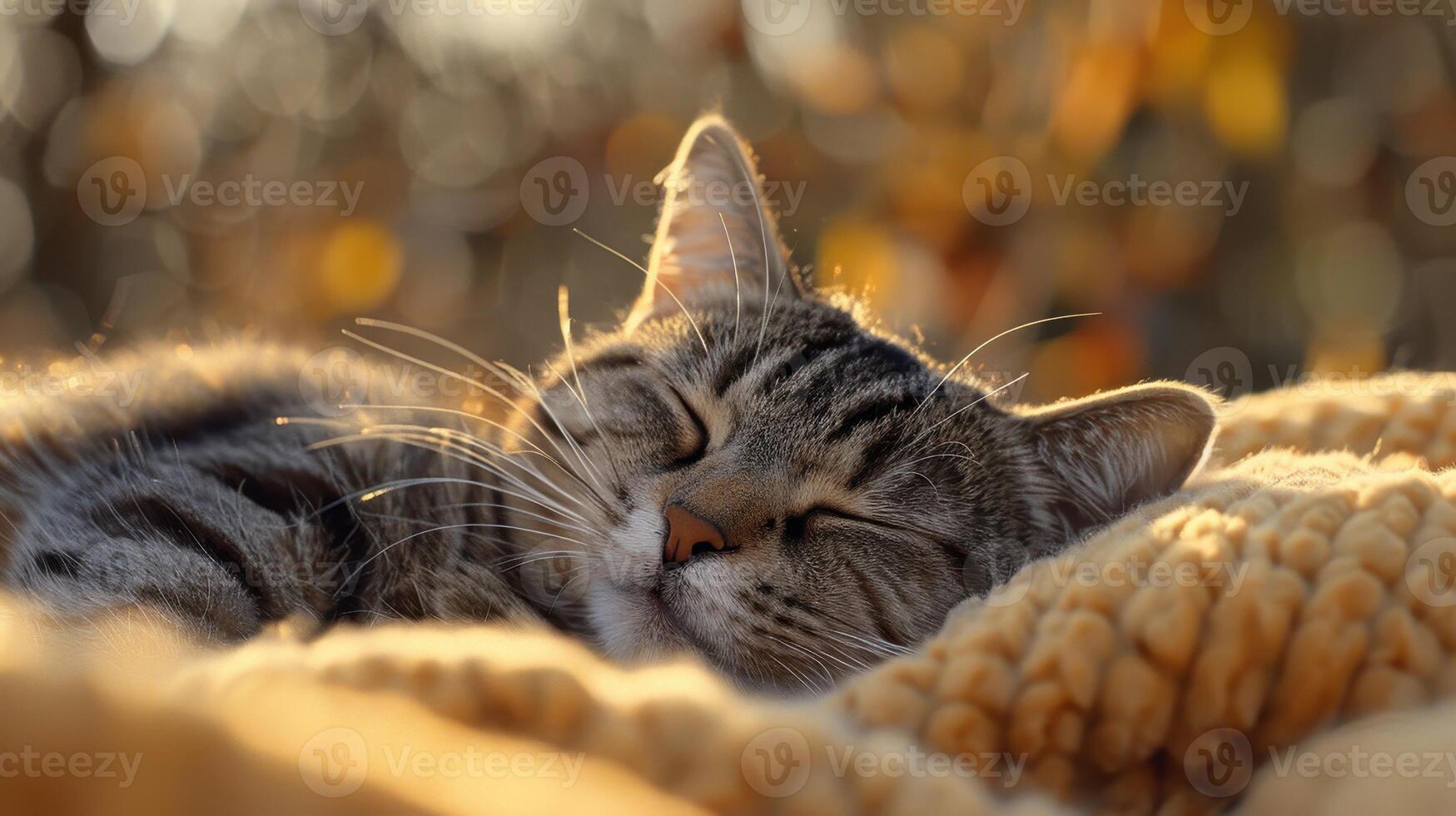 Cozy Tabby Cat Enjoys a Relaxing Afternoon Nap on a Soft Blanket Surrounded by Autumn Leaves and Warm Sunlight photo