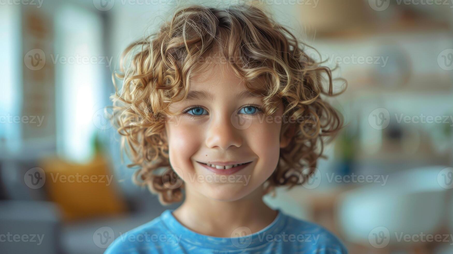Joyful Boy With Curly Hair Smiling Brightly in Cozy Indoor Setting on a Sunny Day photo