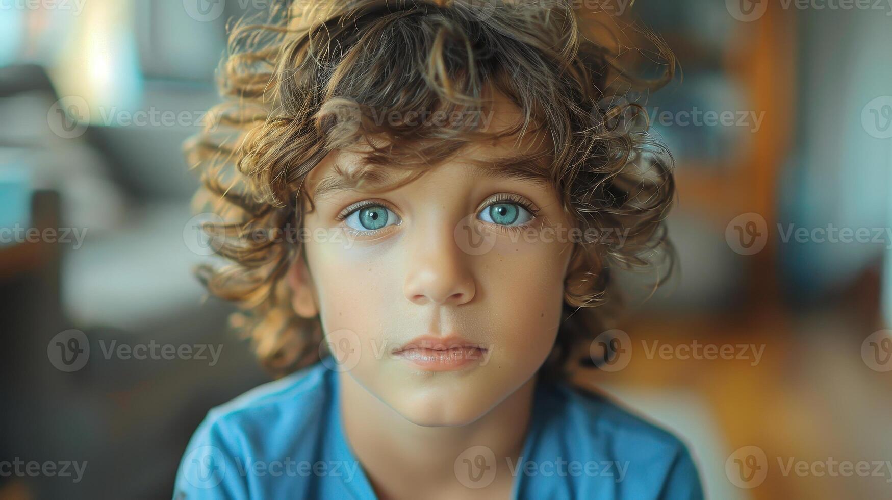 Enigmatic Gaze of a Young Boy With Curly Hair Captured in a Cozy Indoor Setting on a Sunny Day photo