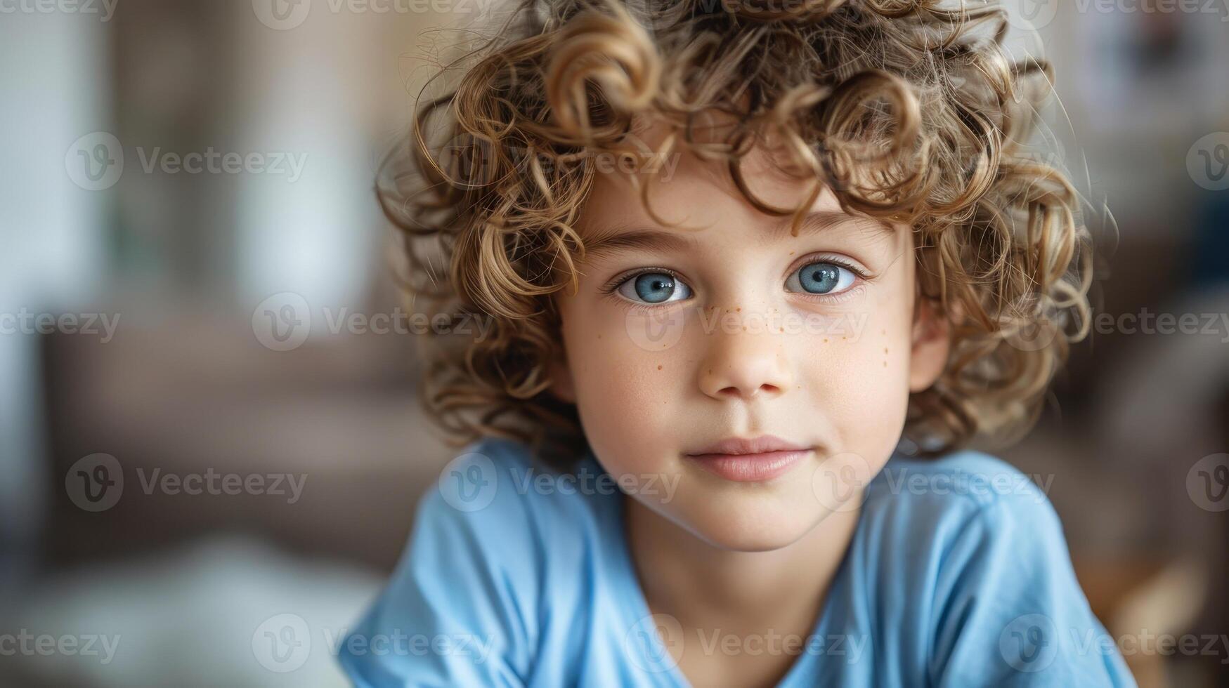 Curly-Haired Boy With Bright Blue Eyes Engaged in Playful Activity at Home During Sunny Afternoon photo