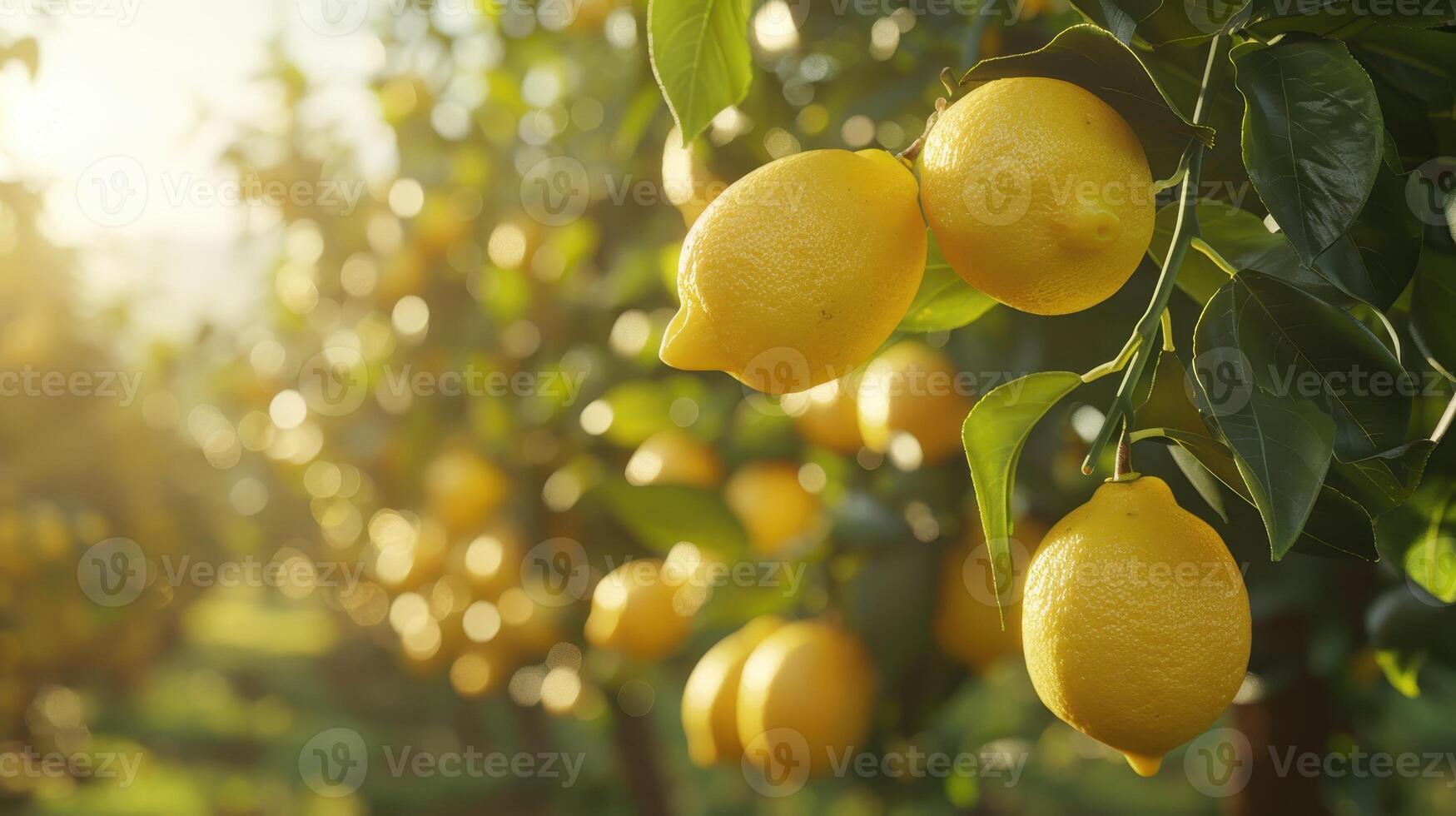 Golden Lemons Clinging to Sunlit Branches in a Lush Orchard at Dusk photo
