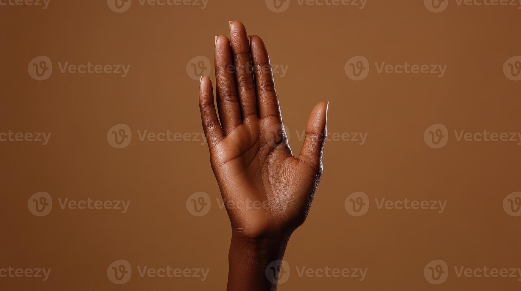 A Raised Hand Against a Solid Brown Background Signifying Communication and Expression photo
