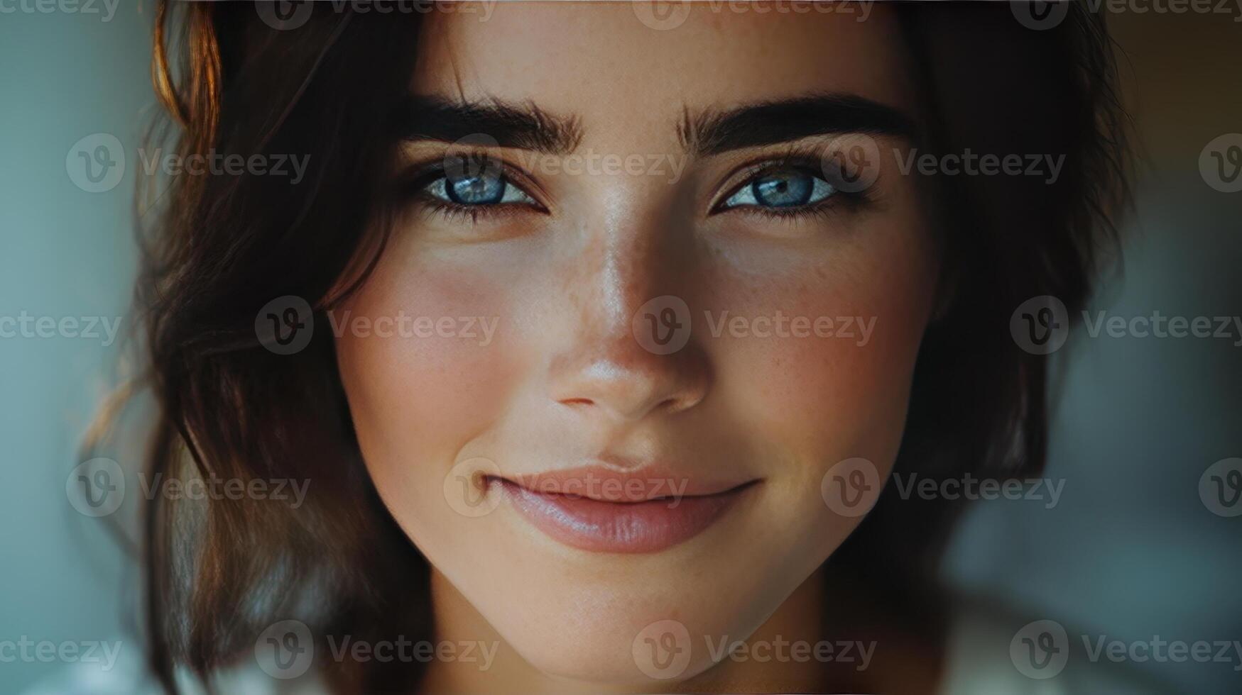 Young Woman With Bright Blue Eyes Smiles Warmly In Natural Indoor Light Setting photo