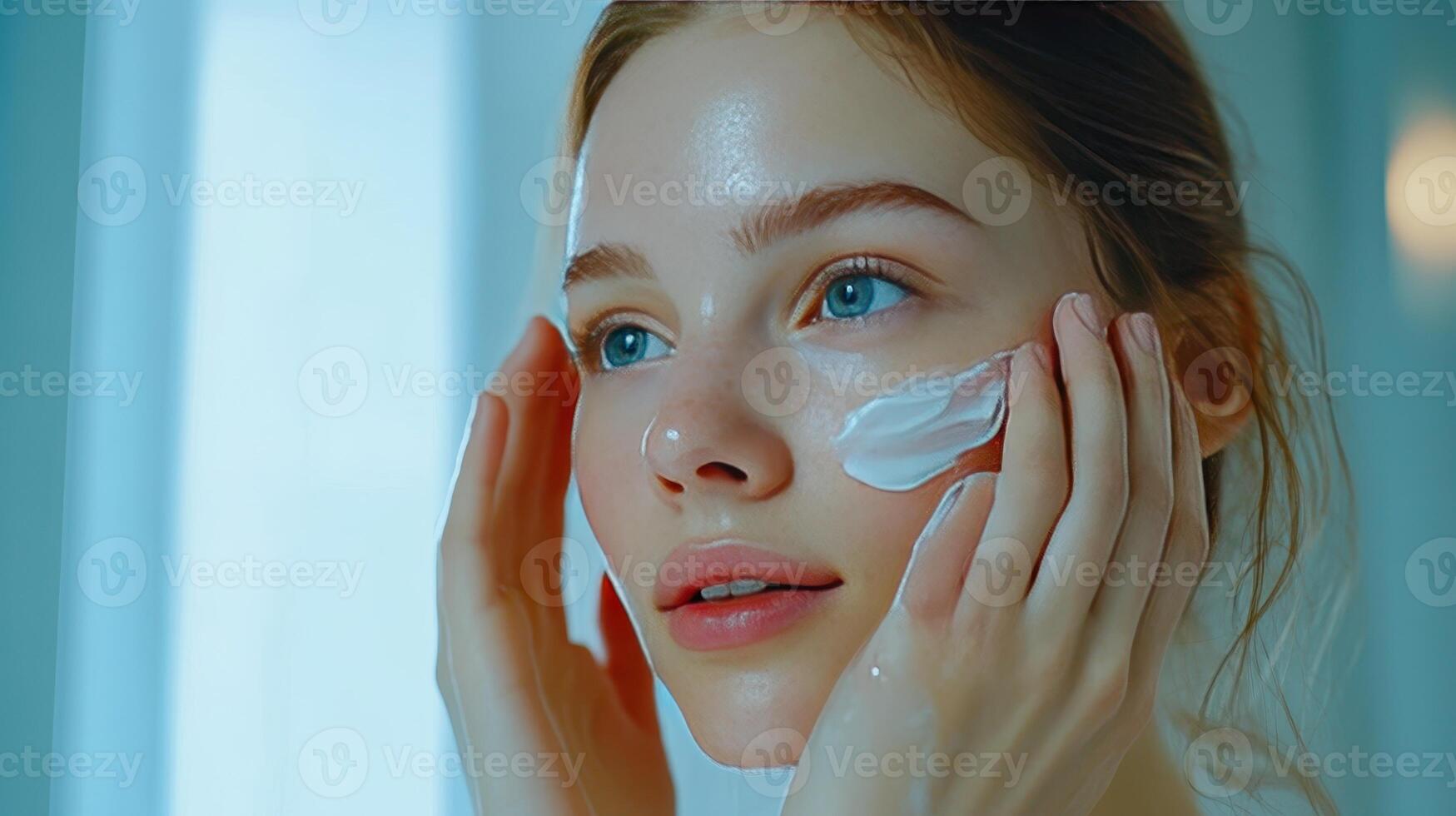 Young Woman Applying Skincare Cream at Home in Morning Light for a Refreshing Routine photo