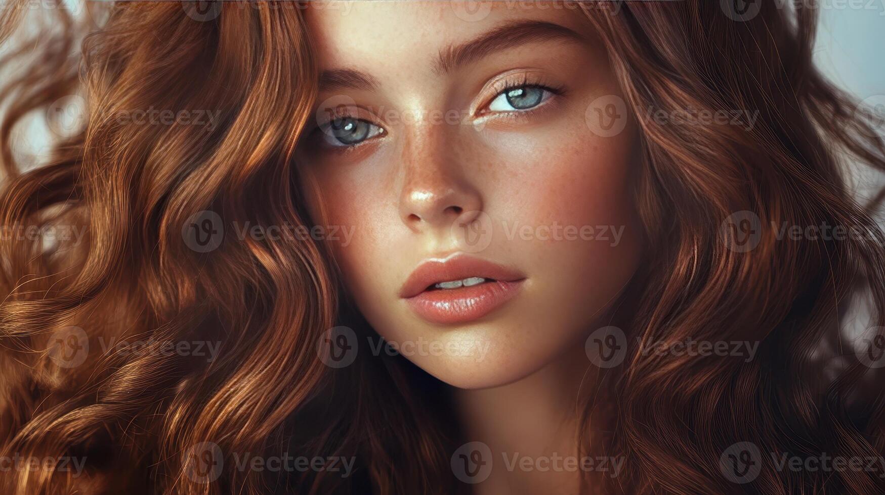 Captivating Portrait of a Young Woman With Flowing Red Hair and Striking Blue Eyes in Soft Natural Lighting photo