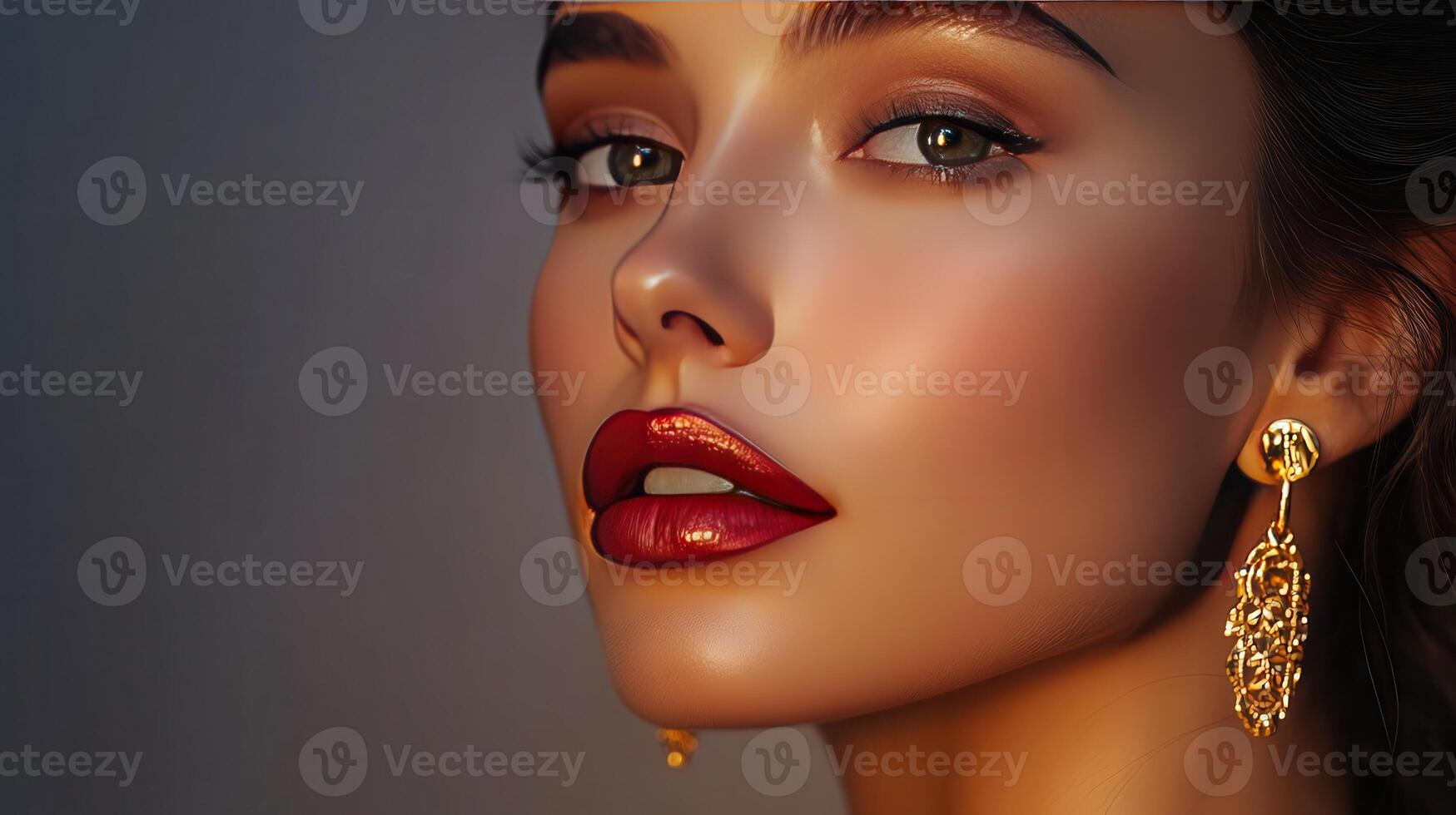 Stunning Close-Up of a Model With Bold Lipstick and Elegant Jewelry in Soft Lighting photo