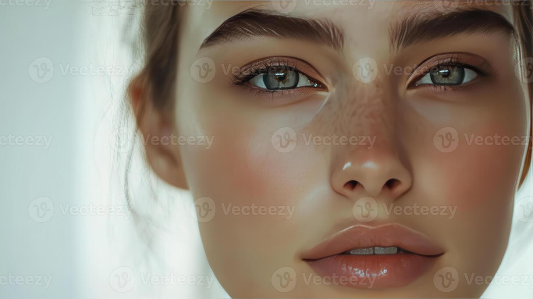 Close-Up Portrait of a Young Woman With Natural Makeup, Soft Light and Clear Eyes in a Minimalist Indoor Setting photo