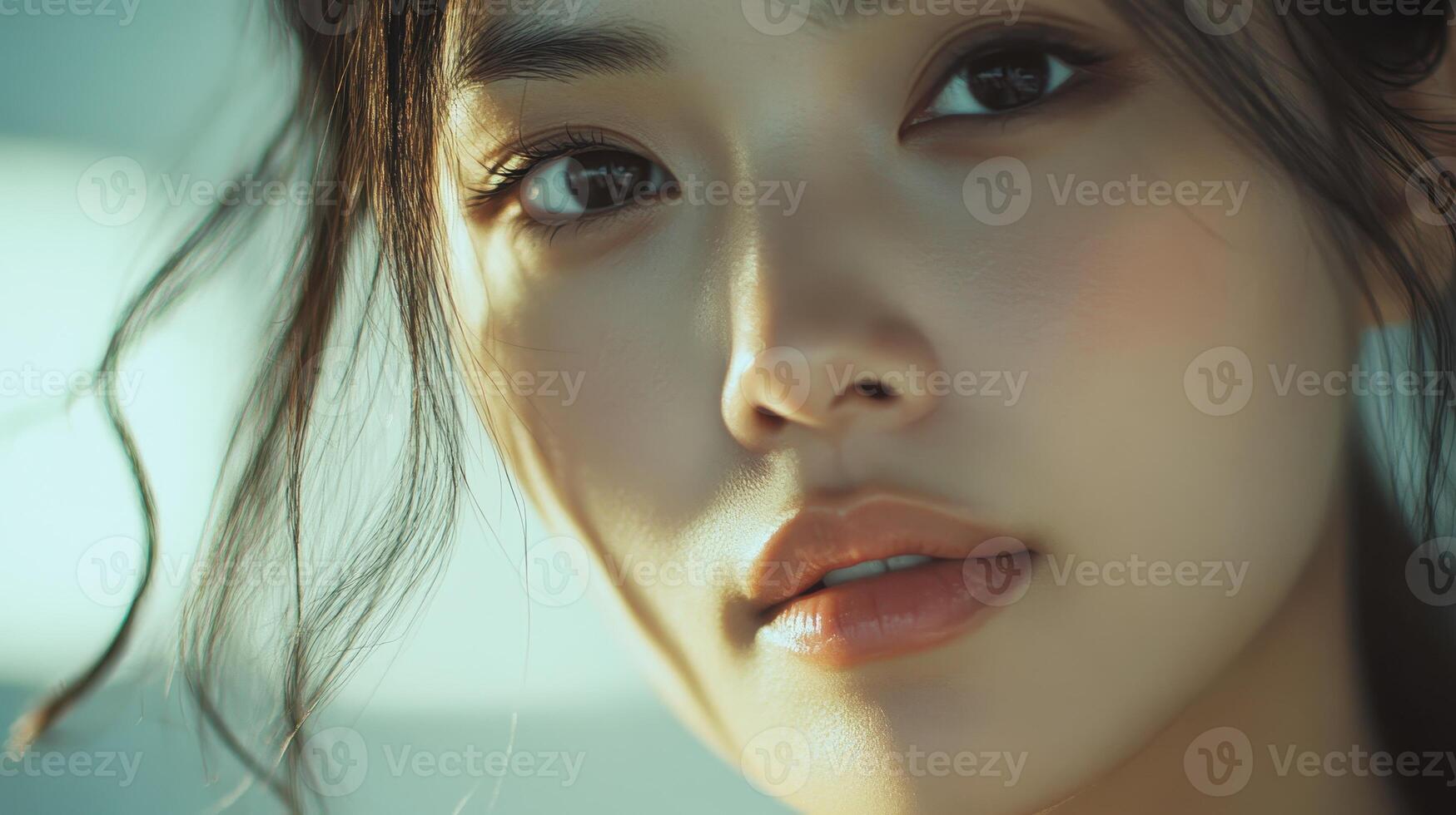 Captivating Close-Up Portrait of a Young Woman With Soft Light in a Serene Outdoor Setting photo
