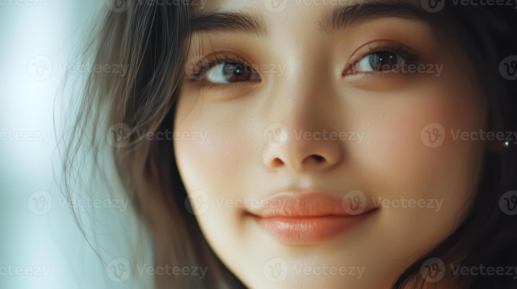 A Young Woman Smiling Brightly While Looking Out a Window in Soft Natural Light photo