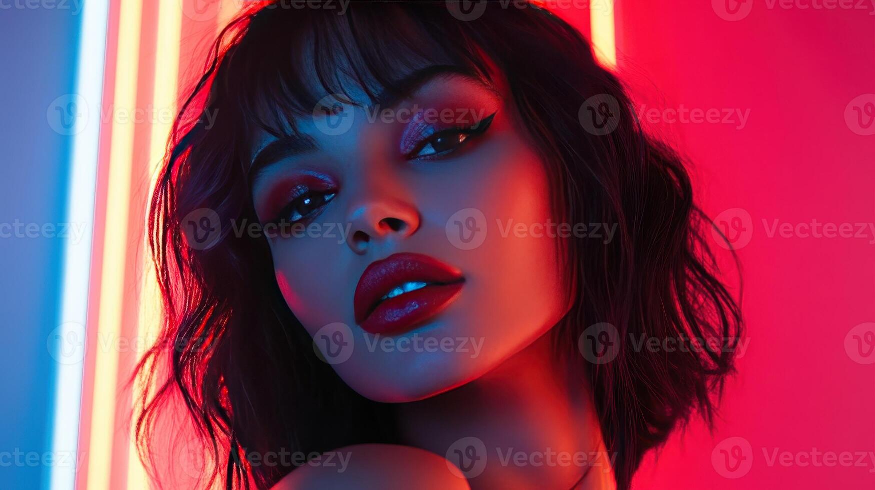 Portrait of a Young Woman With Bold Makeup Posing Under Neon Lights in a Studio Setting at Night photo