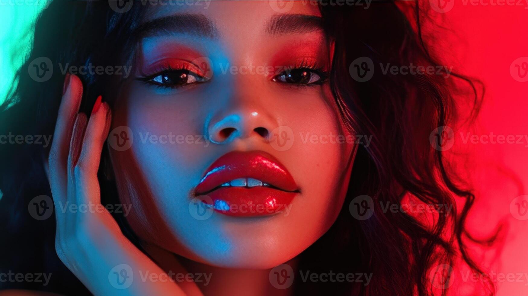 Vibrant Portrait of a Woman With Glossy Lips and Colorful Lighting in a Studio Setting photo