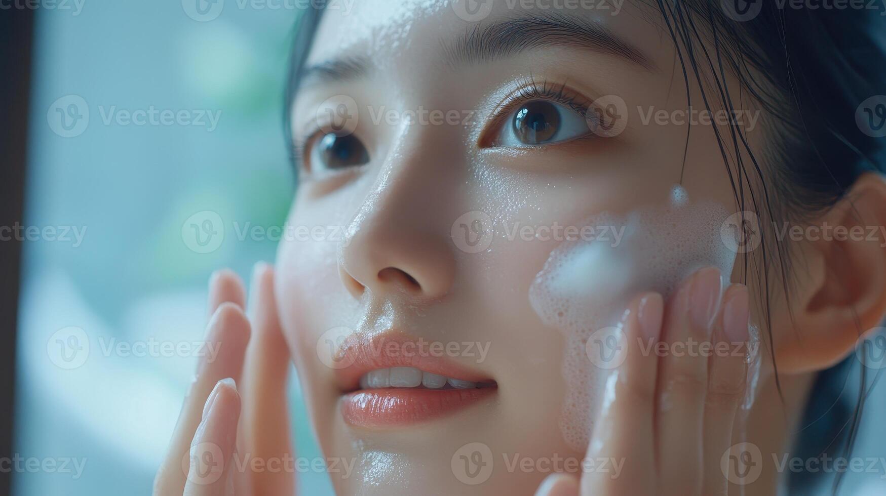 Young Woman Gently Cleansing Her Face With Foam in Natural Light During Morning Skincare Routine photo