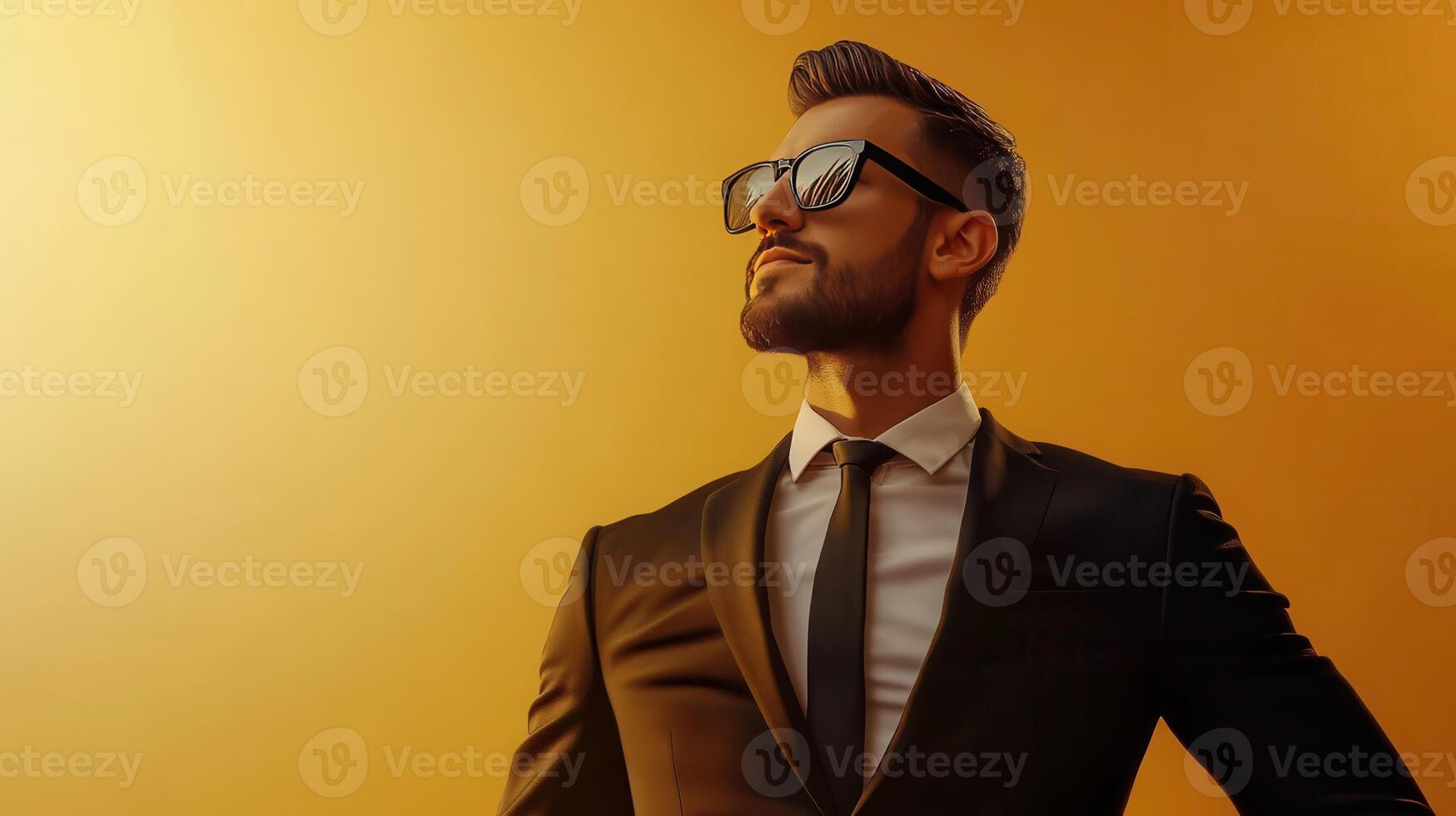 Confident Man in Elegant Suit With Sunglasses Posing Against Vibrant Golden Sunset Background photo