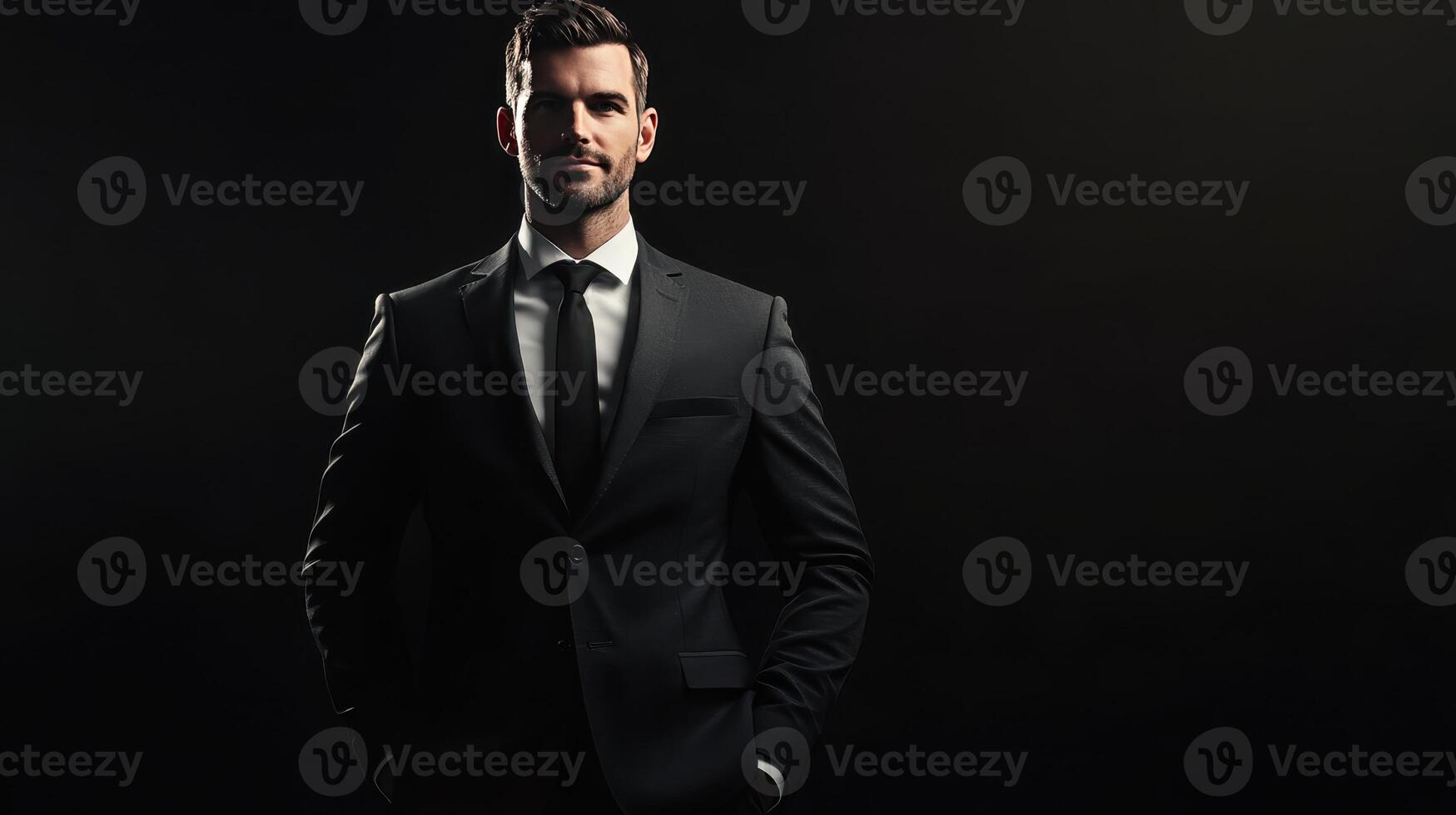 Elegant Man in Black Suit Posing Confidently Against Dark Background at Nighttime photo