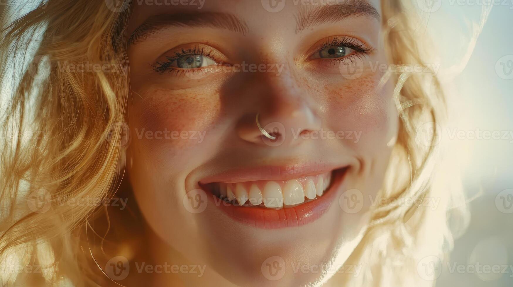 Cheerful Young Woman With Curly Blonde Hair Smiling Brightly in Warm Natural Light photo