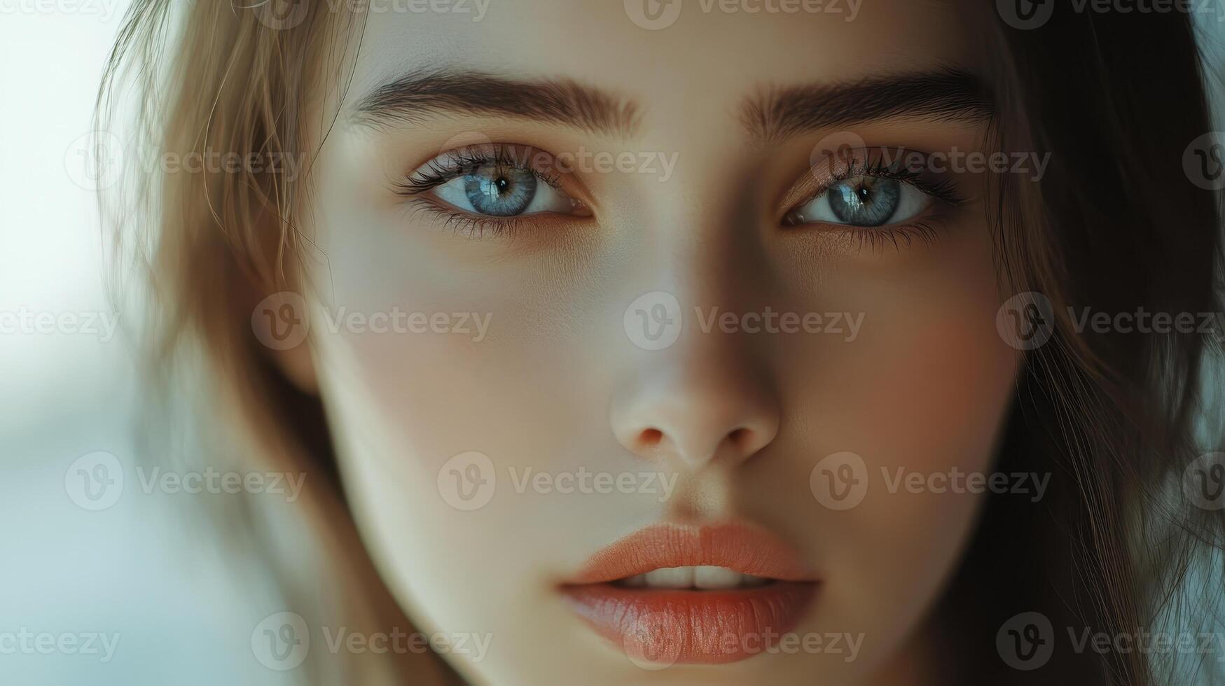 Close-Up Of A Young Woman With Striking Blue Eyes And Natural Makeup In Soft Natural Light photo