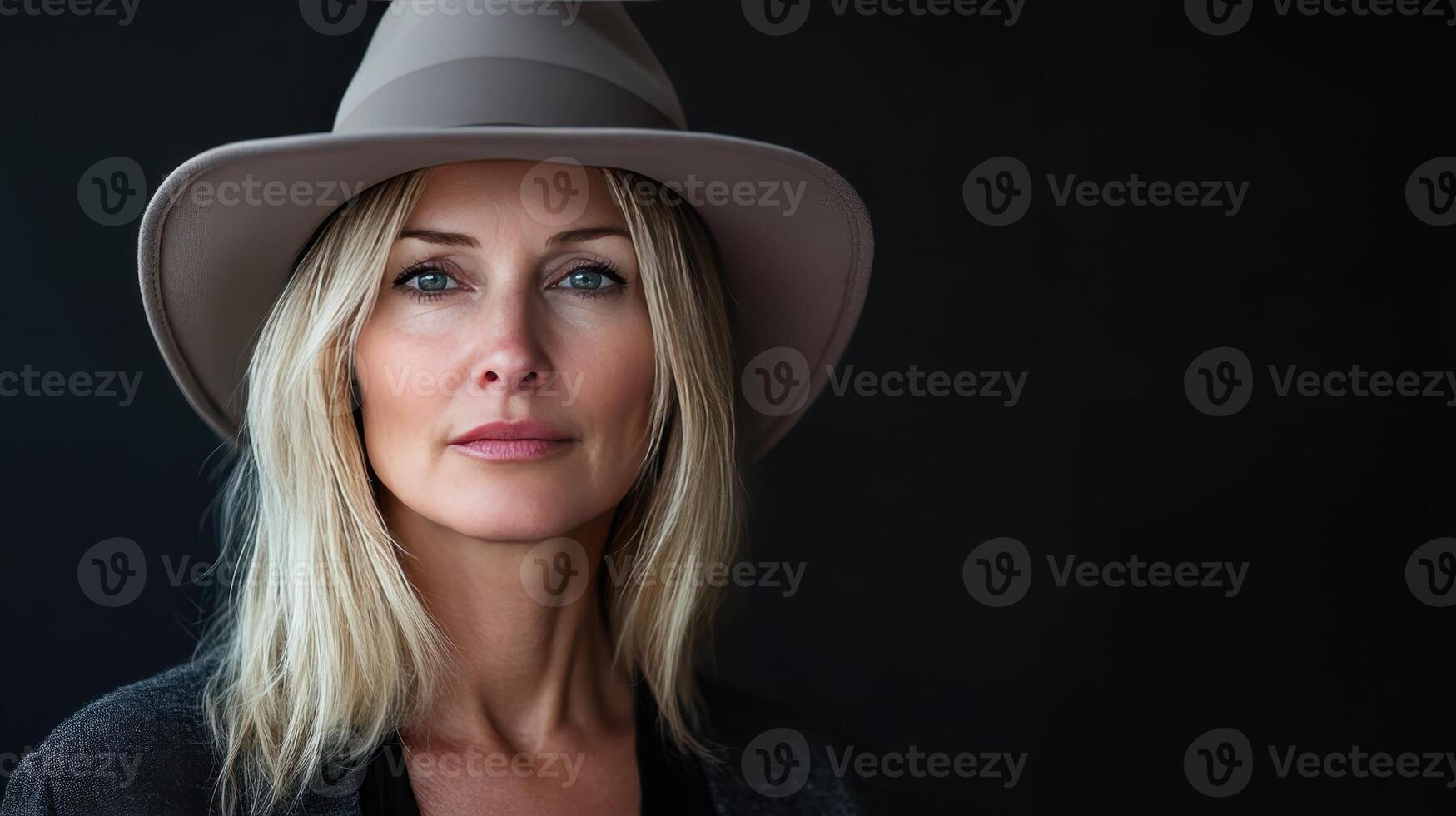 Elegant Woman in Stylish Hat Posing Against Dark Background in Early Evening Light photo