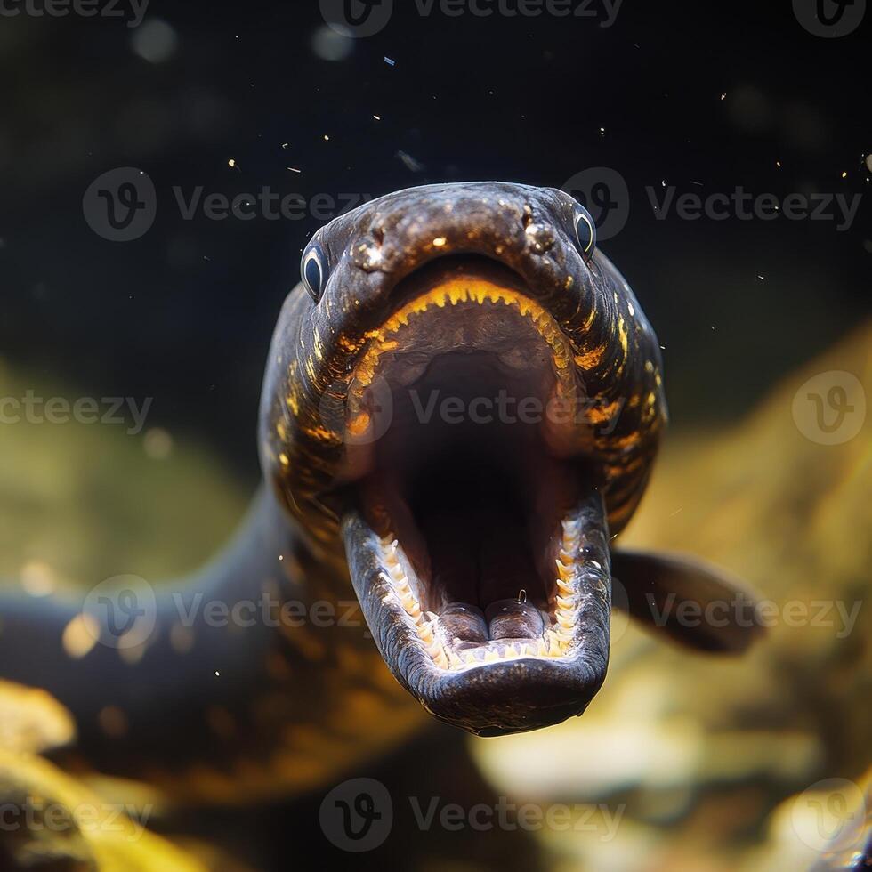Eel Swimming in Freshwater Habitat With Open Mouth Displaying Sharp Teeth at Midday photo