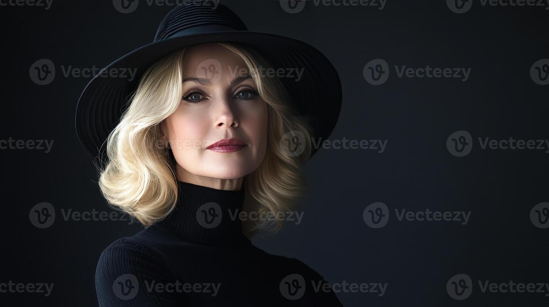 Elegant Woman in Black Turtleneck and Stylish Hat Posing Against Dark Background photo