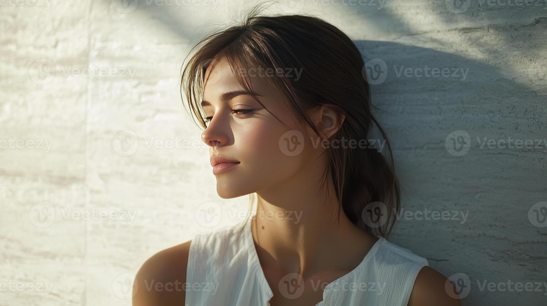 Young Woman Leaning Against Textured Wall in Soft Afternoon Light With Natural Expressions photo