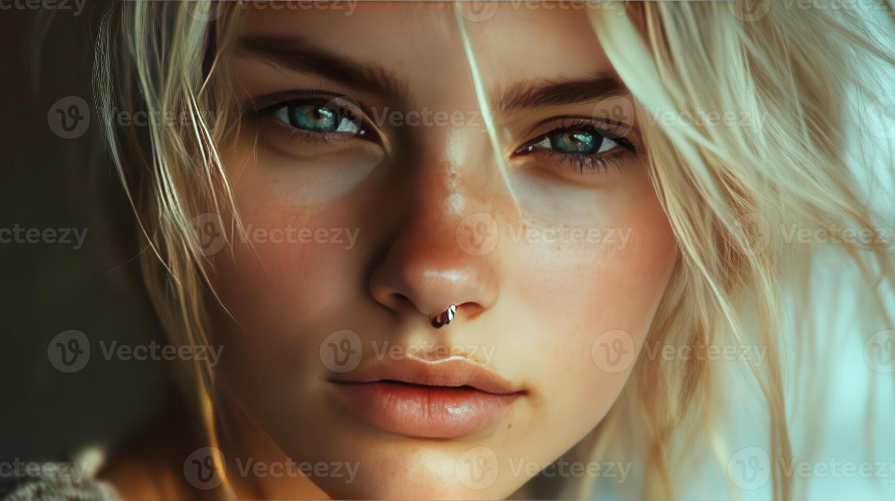 Captivating Close-Up of a Young Individual With Light Hair and Piercing in Natural Light photo