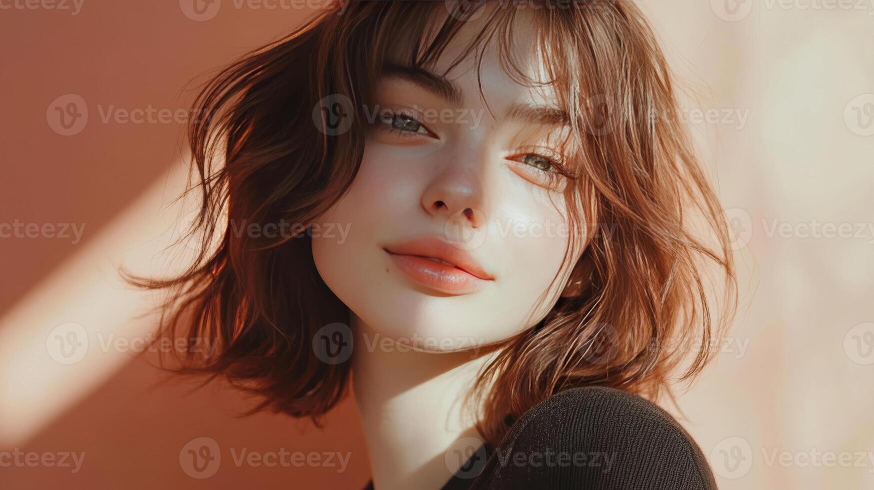 Young Woman Posing Confidently Against a Warm Orange Background in Soft Natural Light photo