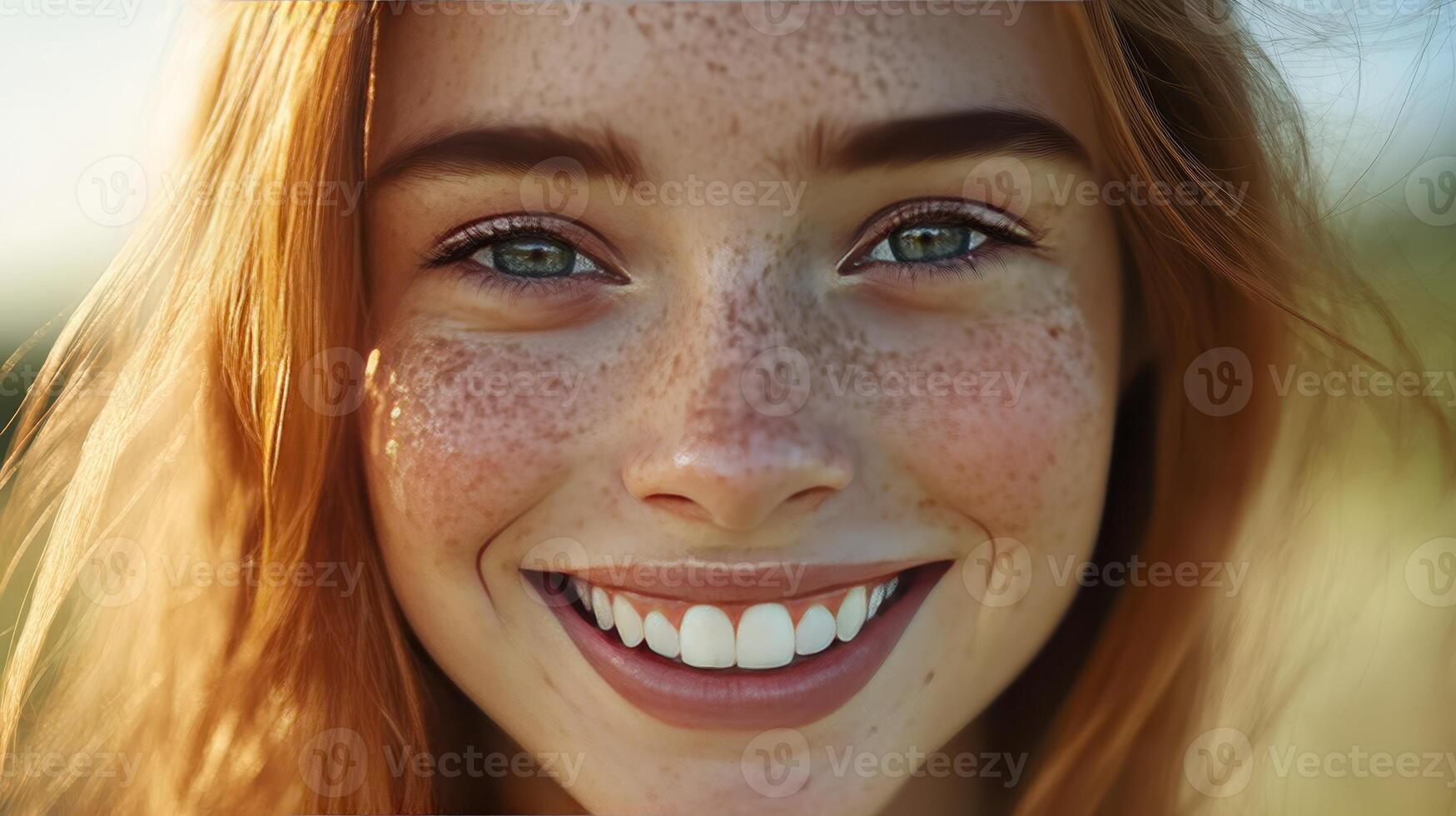 Young Woman With Freckles Smiling Radiantly in a Sunlit Field During Golden Hour photo