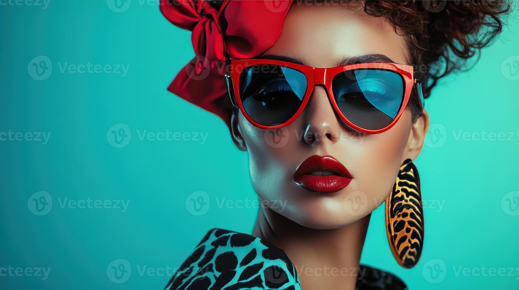 A fashionable model showcases bold accessories and striking makeup with confidence photo