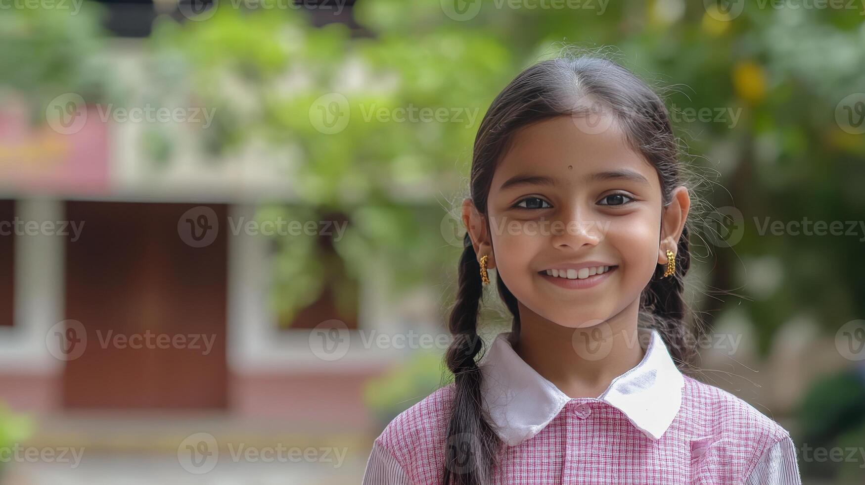 A cheerful girl beams with joy, wearing her school uniform outdoors photo