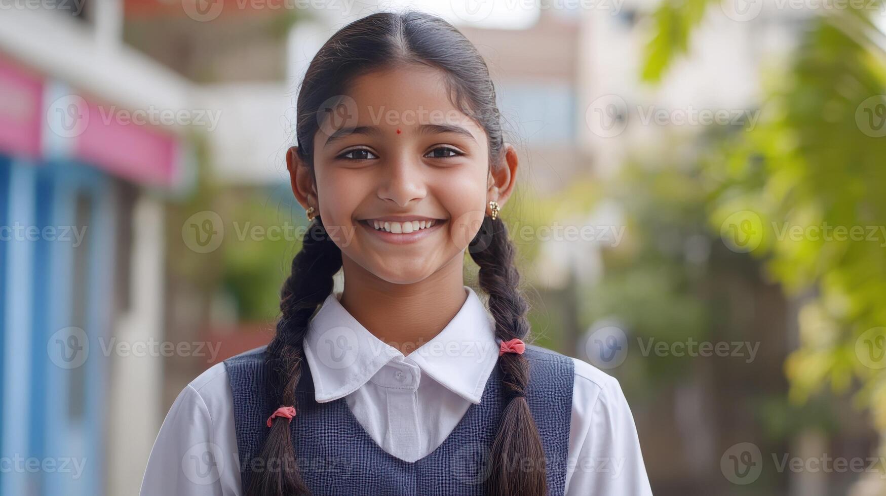 A cheerful girl poses with a warm smile outside her school setting photo