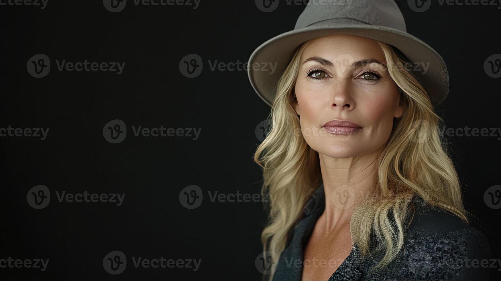 A confident woman gazes thoughtfully, showcasing elegance and poise under soft lighting photo
