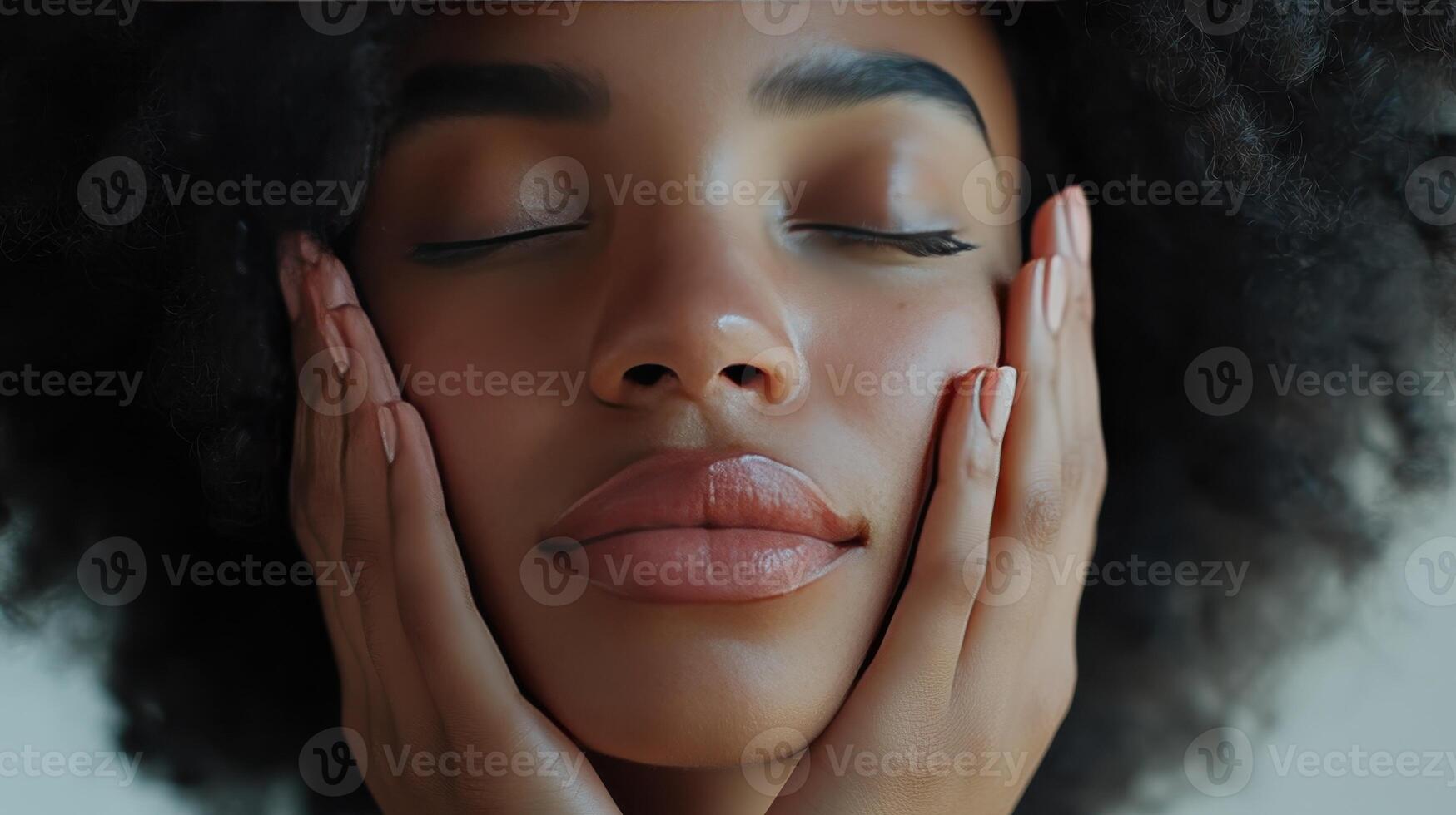 A woman enjoys a moment of peace, connecting with her inner self in soft light photo