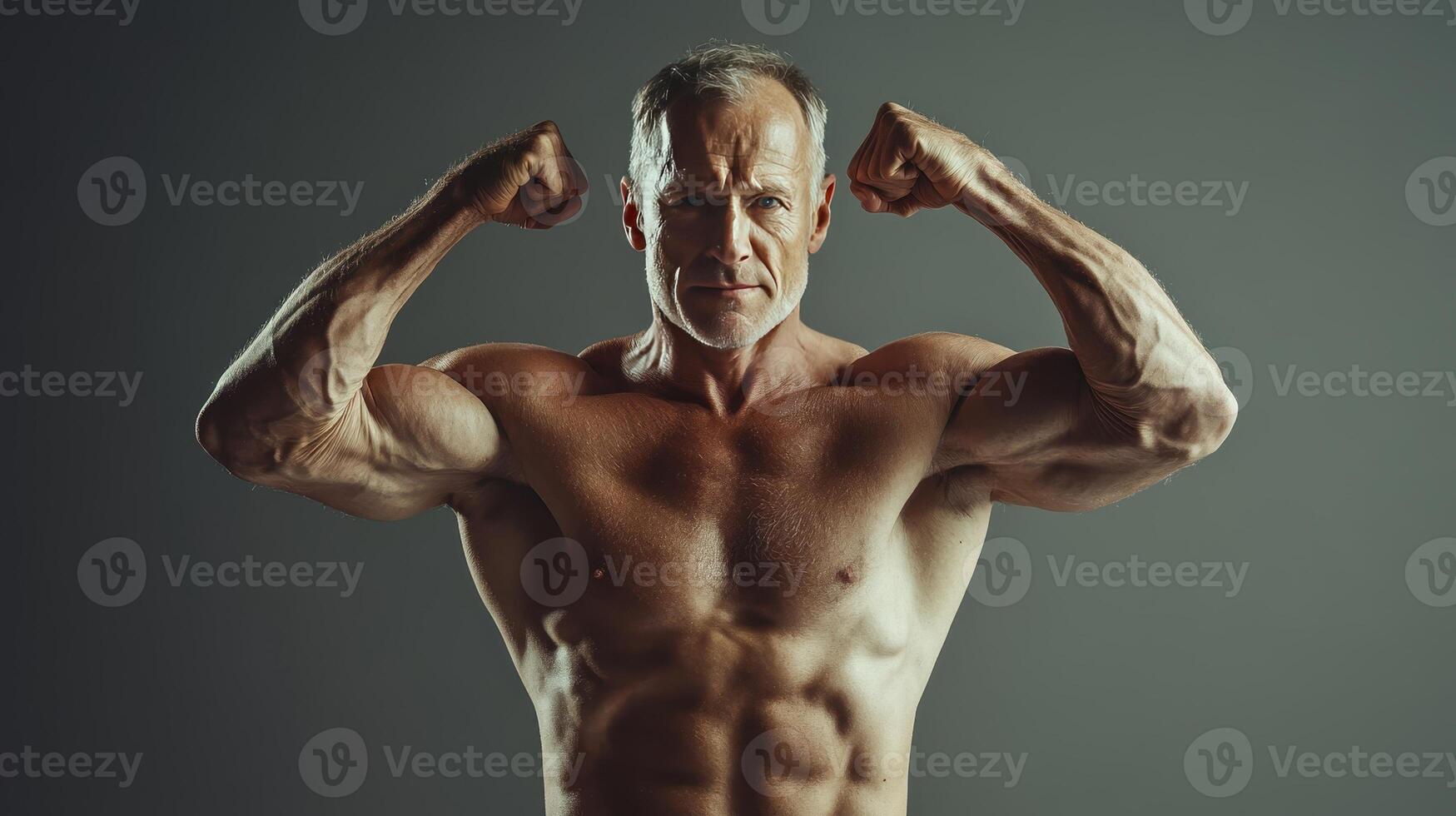 A mature man flexes his muscles confidently under soft studio lighting photo