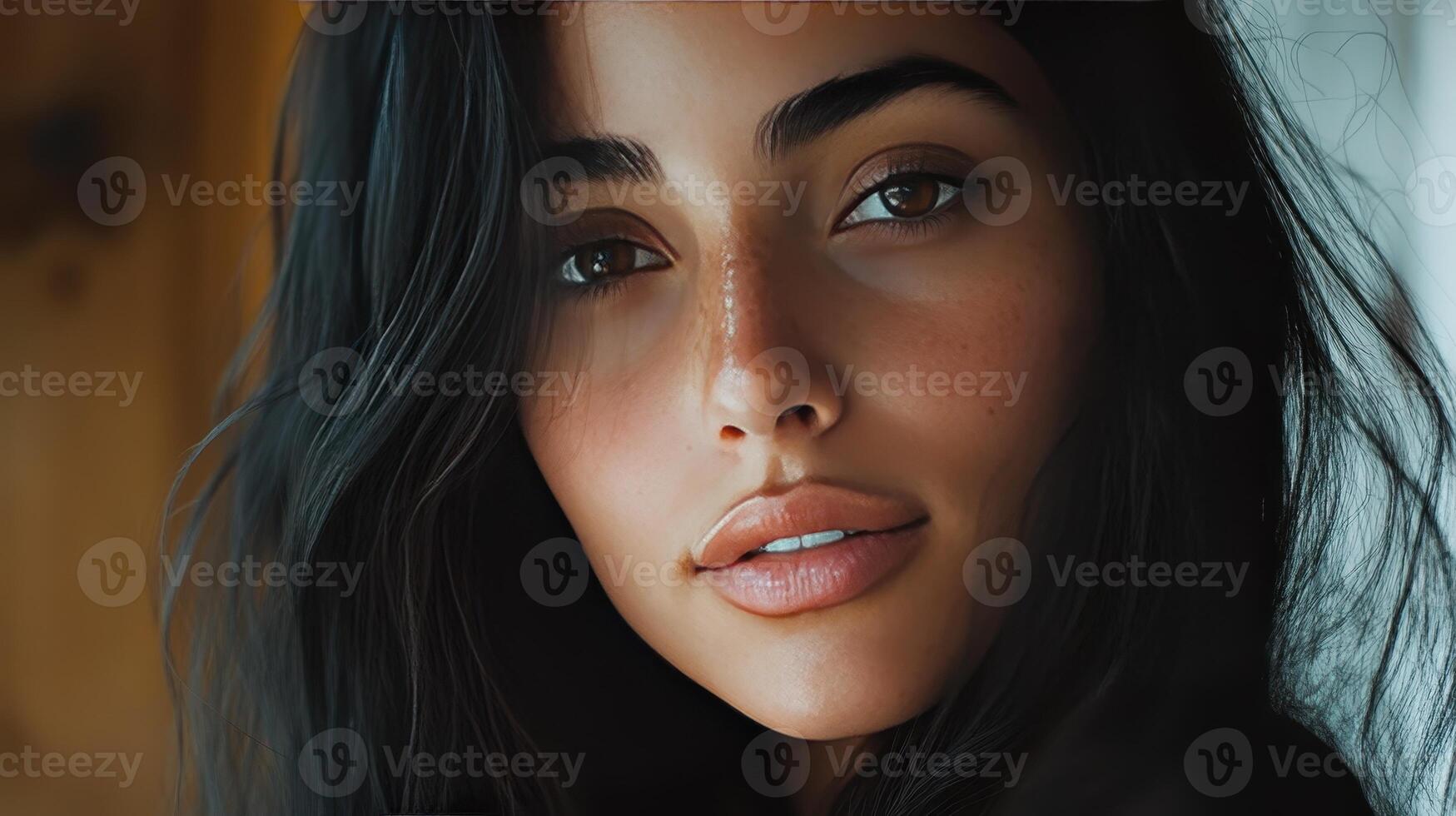 A young woman gazes softly, highlighting her radiant skin and expressive eyes photo