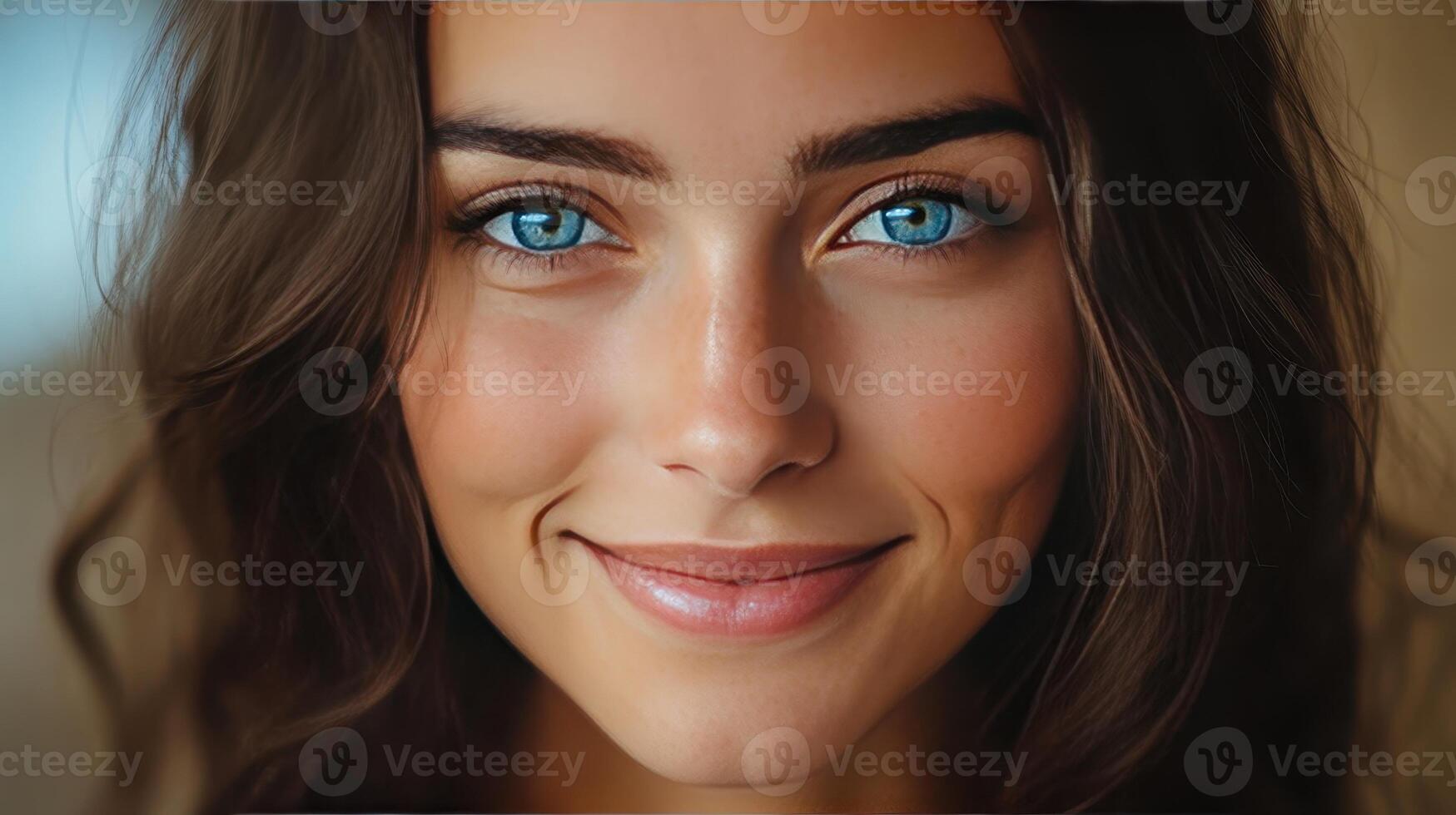 A young woman beams with a warm smile, her bright blue eyes radiating joy photo