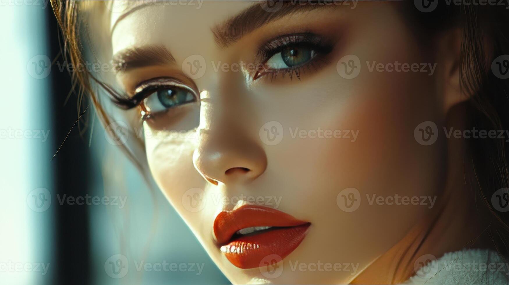 A striking model gazes captivatingly while illuminated by soft sunlight photo