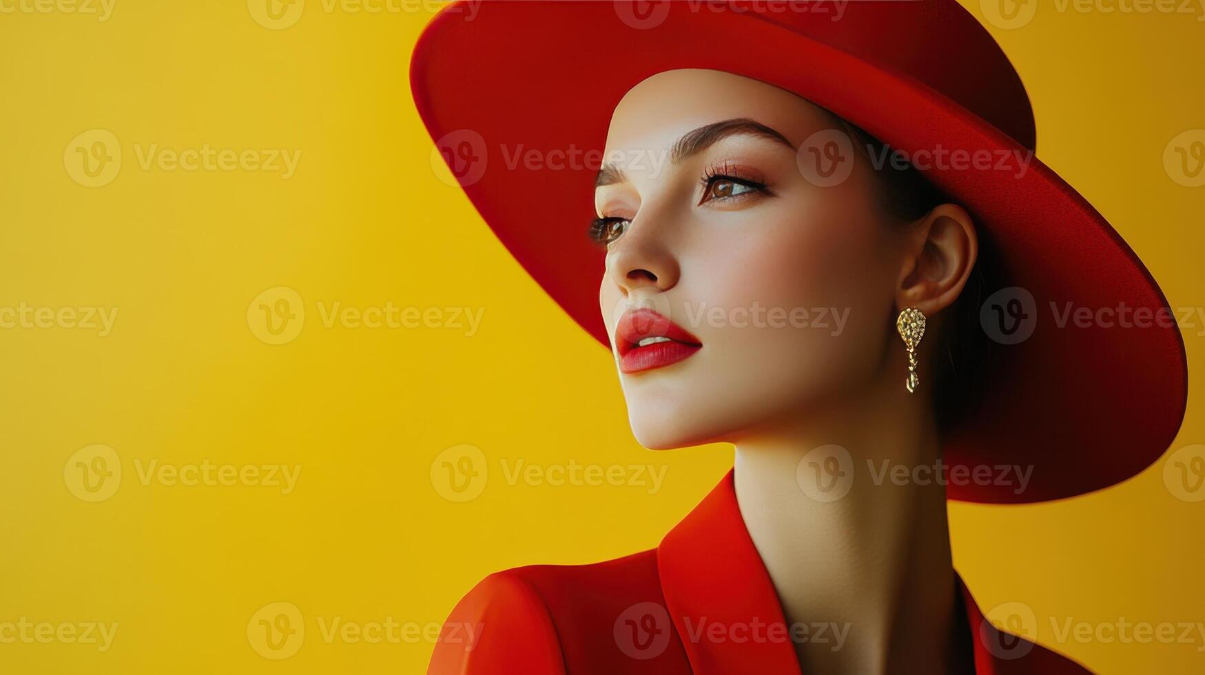 A fashion model showcases confidence and style with a striking red hat photo