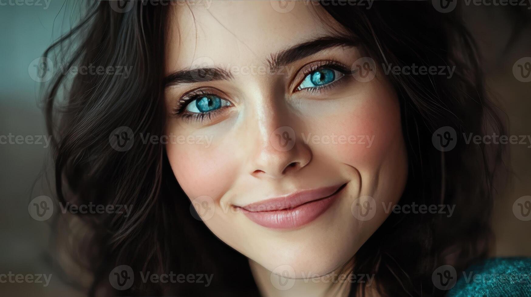 A woman expresses joy with a warm smile and bright blue eyes photo