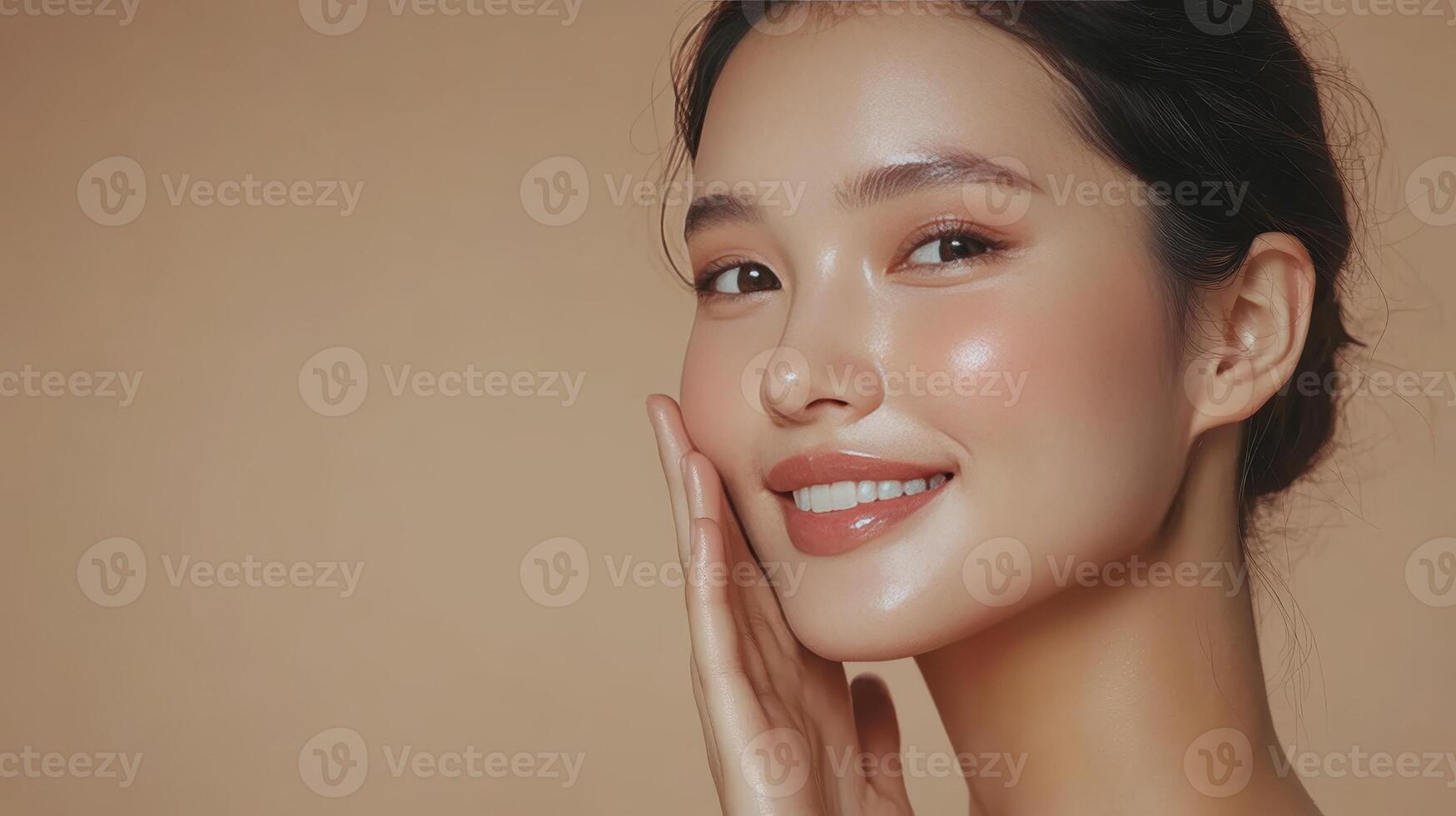 A woman showcases her radiant smile and glowing skin, embodying confidence and beauty photo