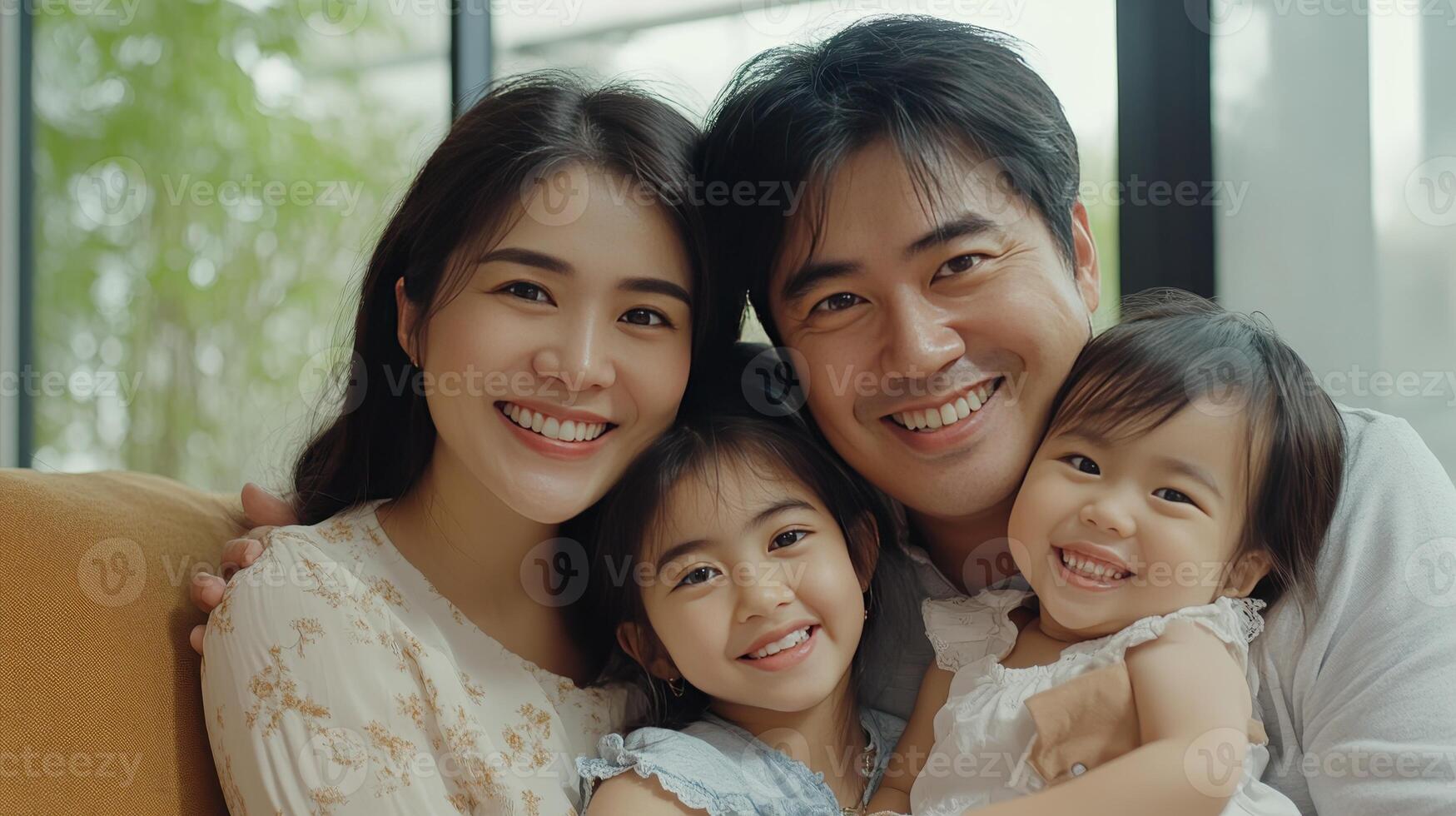 A joyful family embraces each other with smiles and love in a sunlit room photo