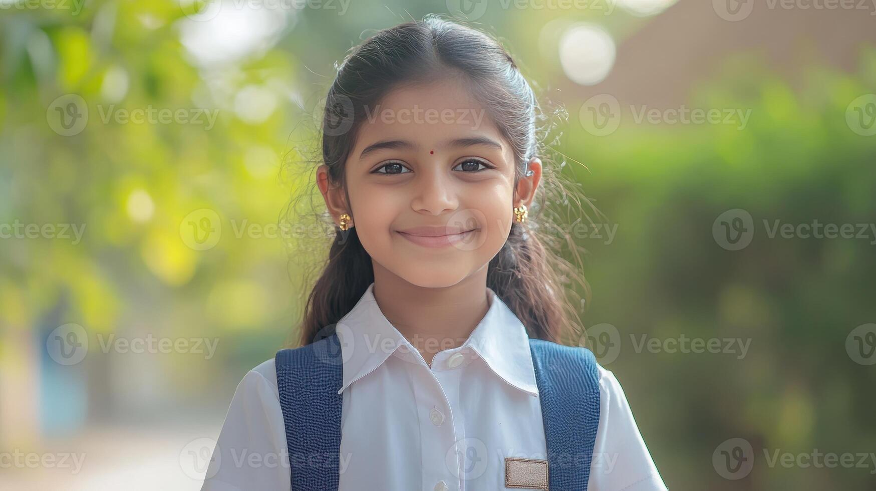 A cheerful child beams with joy while wearing her school uniform photo