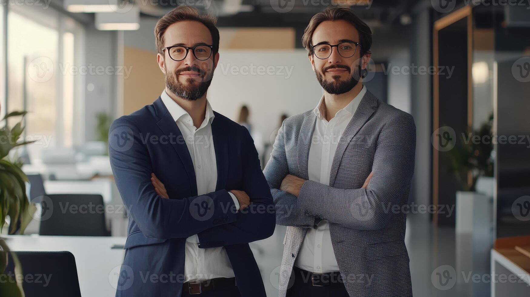 Two men exude confidence while standing side by side in a bright office photo
